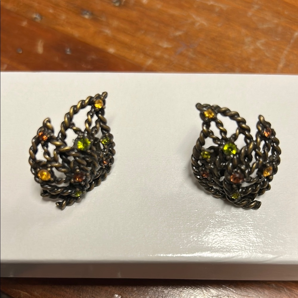 Elegant Twisted leaf shaped Bronze Earrings with Multicolor Accents
